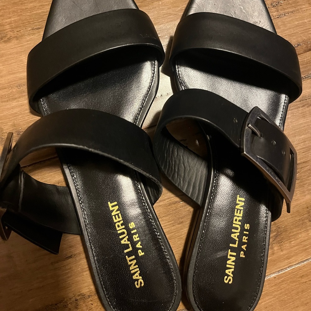Saint Laurent Black Leather Slide Sandals